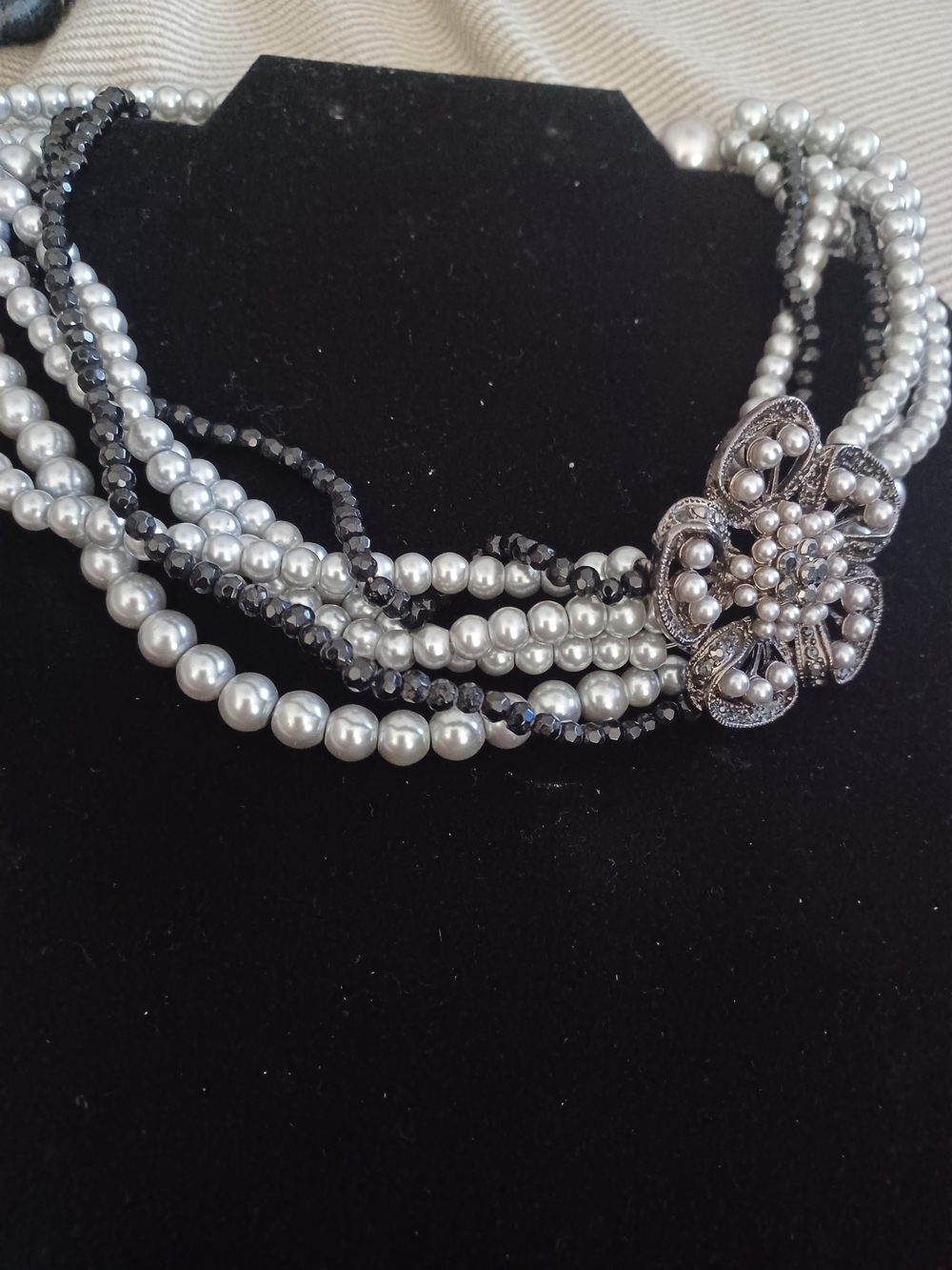 Faux Ivory Pearl and Black Crystal Multi-Strand Floral-Accent Necklace 12"